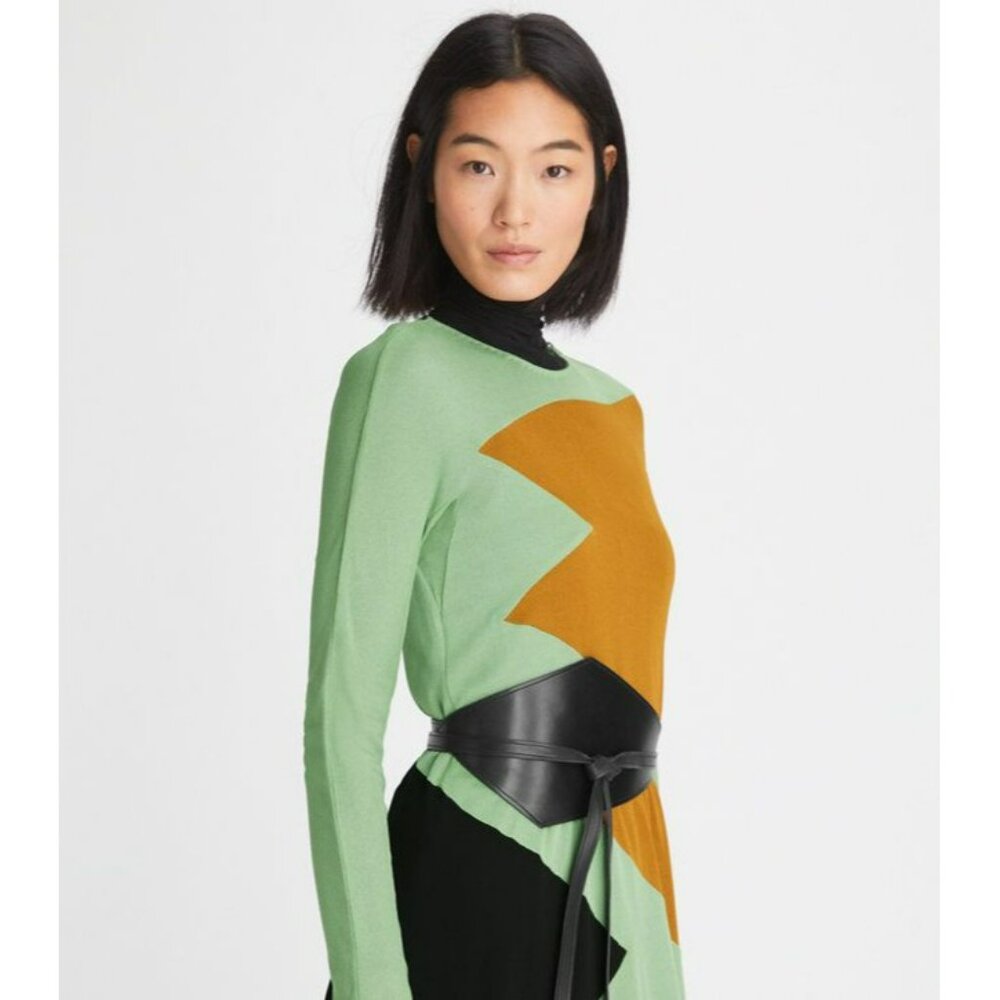 T-175. Tory Burch Color Block Honeycomb Jersey Dress Light Green Viridian - Picture 3 of 13